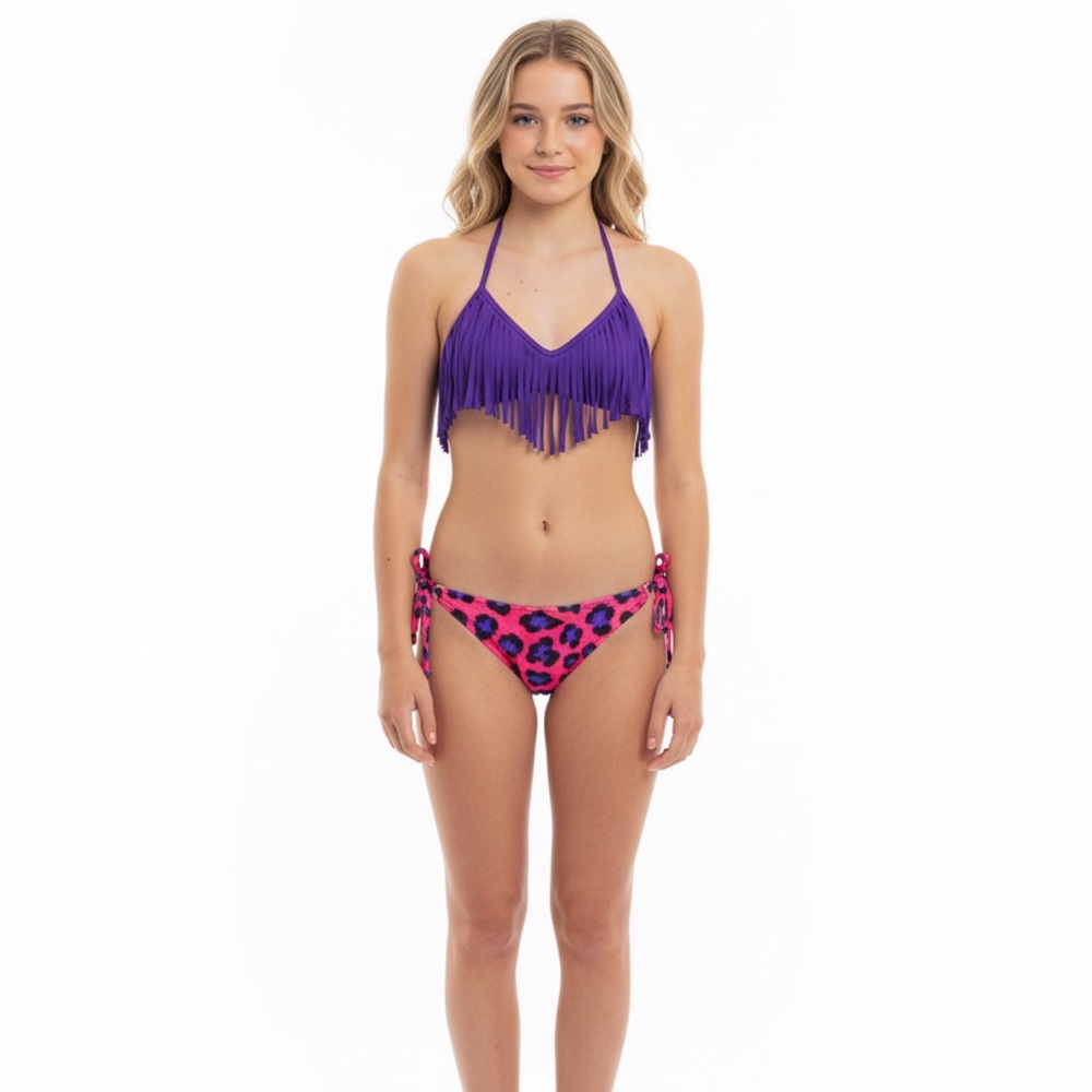 Submarine Purple Fringe Bikini with Pink Leopard Bottoms sz‎ 16 Girls